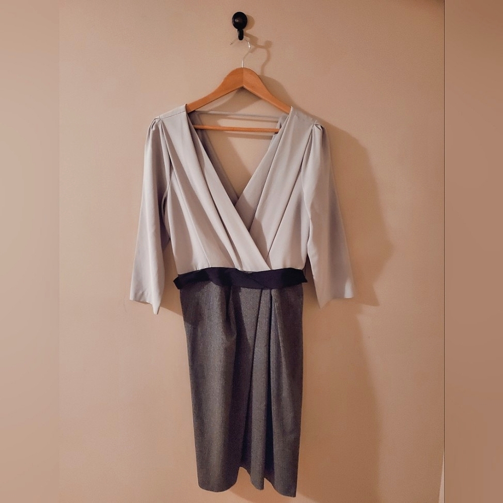 Grey tone dress. Size 12. Buisness apparel. Knee length. 3/4 sleeve. V neck.